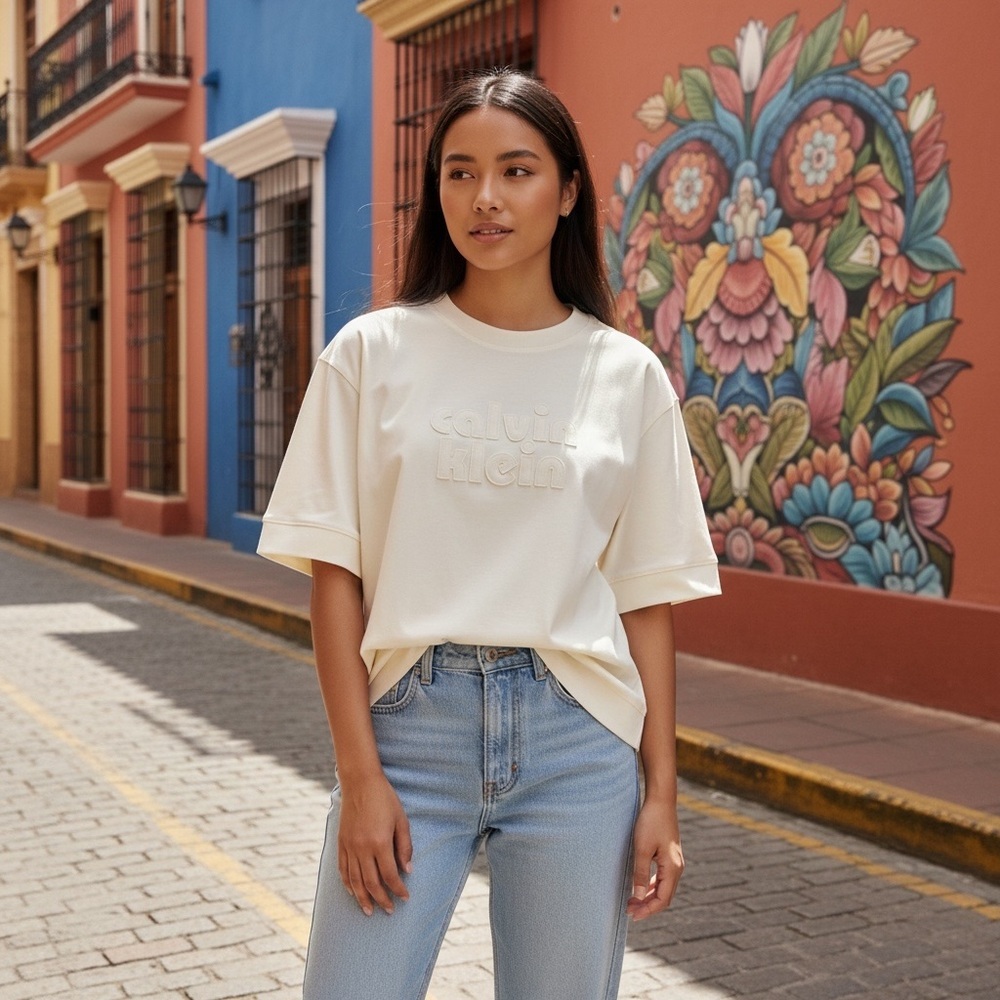 Calvin Klein | Embossed Logo Short Sleeve Sweatshirt Tee | Cream | Size S